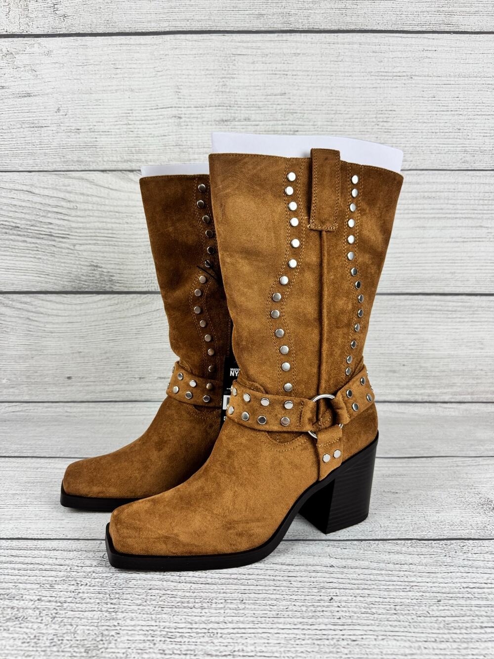 Madden NYC Women's Cognac Studded Western Heeled Moto Boots Size 11